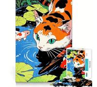 Rompecabezas de 1000 Piezas Gato Calico y Estanque de Carpas koi Piezas de Corte Limpio Juguete para desarrollar la Capacidad cognitiva Momento de relajación Diversión Decoración navideña (50x75cm)