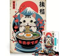 Rompecabezas de 1000 Piezas Gato Comiendo Ramen con el Monte Fuji Bordes limpios Decoración Divertida para Resolver Problemas Fácil de Usar (50x75cm)