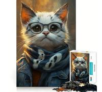 Rompecabezas de 1000 Piezas Gato con Gafas y Bufanda,Juego de Bordes, Juego cognitivo,Juego Lento,Divertido,decoración navideña (38x52cm)