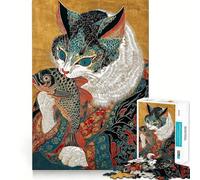 Rompecabezas de 1000 Piezas Gato con pez,Estilo Ukiyo ejercitar la Mente Ideal para Relajarse y Disfrutar de la Navidad (38x26cm)