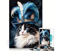 Rompecabezas de 1000 Piezas Gato con Sombrero y Plumas Corte preciso Divertido desafío Mental Juguete Juego para la Hora de Descansar Regalo de cumpleaños Arte Juego (38x26cm)
