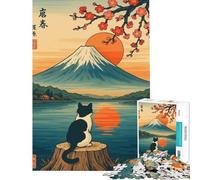 Rompecabezas de 1000 Piezas Gato contemplando el Monte Fuji Estilo Ukiyo-e Juegos educativos para un desafío de Juego Educativo Juguete Ideal para Regalar y Pasar el Tiempo en casa Durante