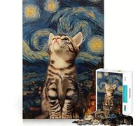 Rompecabezas de 1000 Piezas Gato contemplando la Noche Estrellada Bordes impecables Decoración Divertida para Resolver Problemas Fácil de Usar (50x75cm)