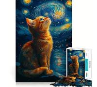 Rompecabezas de 1000 Piezas Gato contemplando la Noche Estrellada Corte Impecable Divertido Juego de lógica Juguete Divertido Juego Gratuito Actividad de cumpleaños (38x26cm)