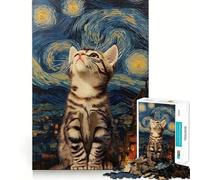 Rompecabezas de 1000 Piezas Gato contemplando la Noche Estrellada Corte Impecable Divertido Juego de lógica Juguete Divertido Juego Gratuito Actividad de cumpleaños (38x26cm)