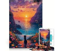 Rompecabezas de 1000 Piezas Gato contemplando la Puesta de Sol Junto al mar Corte preciso Divertido Juego de Habilidad Mental Juego para Relajarse Regalo Ideal para el Tiempo Libre (38x52cm)