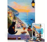 Rompecabezas de 1000 Piezas Gato contemplando la Puesta de Sol sobre la Costa Italiana Corte preciso Divertido Juego de Habilidad Mental Juego para Relajarse Regalo Ideal para el Tiempo Libre 38x52cm