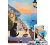 Rompecabezas de 1000 Piezas: Gato contemplando la Puesta de Sol sobre la Costa Italiana Juego de ingenio, Regalo de cumpleaños, con Piezas de Formas aleatorias Que encajan Perfectamente 38x52cm