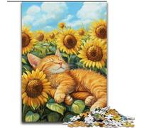 Rompecabezas de 1000 Piezas Gato durmiendo en un Campo de Girasoles para Adultos y Adolescentes, Ideal para Pasar el rato Entre Padres e Hijos (50x75cm)
