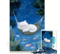 Rompecabezas de 1000 Piezas Gato durmiendo en una Hamaca bajo Las Estrellas para Adolescentes Recuerda, Mejora, Calma, Mente Clara, Arte Coleccionable 38x26cm