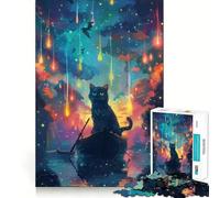 Rompecabezas de 1000 Piezas Gato en Barco con Estrellas Fugaces Corte Impecable Divertido Juego de lógica Juguete Divertido Juego Gratuito Actividad de cumpleaños (50x75cm)