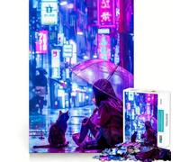 Rompecabezas de 1000 Piezas Gato en Ciudad Neón Flawless Fit Art Brain Boosting Play Rest Time Play Christmas Wall Art (38x52cm)