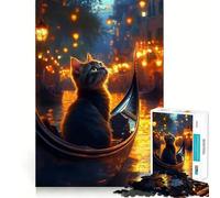 Rompecabezas de 1000 Piezas Gato en góndola,Venecia de Noche Juego de Bordes Juego cognitivo Divertido Juego Lento Divertido Decoración navideña Arte (50x75cm)