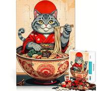Rompecabezas de 1000 Piezas Gato en tazón de Ramen con Palillos Diseño de Bordes Finos Juego para ejercitar la Mente y Relajarse (38x52cm)