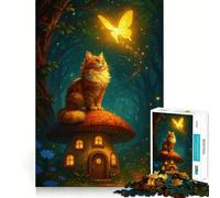 Rompecabezas de 1000 Piezas Gato en una casa de Setas con Mariposa Piezas de Corte Limpio Juguete Que desafía la Mente Momento de relajación Diversión Pieza de Arte navideña (38x52cm)
