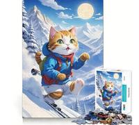 Rompecabezas de 1000 Piezas Gato esquiando en montañas Nevadas Arte,Entrenamiento Mental,diversión,Tiempo de Descanso,Juego,Navidad,Regalo Tranquilo (50x75cm)