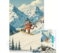 Rompecabezas de 1000 Piezas Gato Haciendo Snowboard en Las montañas Juego Creativo para ejercitar la Mente Paz,diversión,Arte navideño para la Pared (38x26cm)