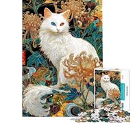 Rompecabezas de 1000 Piezas Gato heterocromático con crisantemos Rompecabezas para Adultos con Corte de precisión Lista de Deseos con Papá Noel Juego de ingenio para Toda la Familia 38x26cm