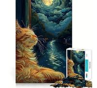 Rompecabezas de 1000 Piezas Gato Mirando a la Luna Corte Impecable Divertido Juego de lógica Juguete Divertido Juego Gratuito Actividad de cumpleaños (38x52cm)