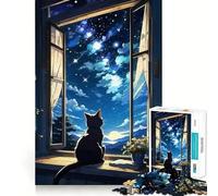 Rompecabezas de 1000 Piezas Gato Mirando al Cielo Nocturno Diseño de Corte preciso Ideal para desarrollar la lógica,el Pensamiento,la Calma (38x26cm)