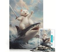 Rompecabezas de 1000 Piezas Gato Montando un tiburón Juego ejercitar el Cerebro Divertido y Relajante Regalo Ideal para Navidad (38x26cm)