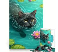 Rompecabezas de 1000 Piezas Gato Nadando en un Estanque de nenúfares Juguete de construcción con Corte preciso Ideal para Relajarse y divertirse en cumpleaños (50x75cm)