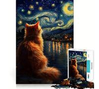 Rompecabezas de 1000 Piezas Gato Naranja bajo la Noche Estrellada para Adolescentes Rompecabezas con Efecto de Memoria, luz Relajante y diseño de Imagen (38x26cm)