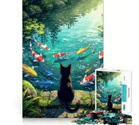 Rompecabezas de 1000 Piezas Gato Negro admirando un Estanque de Carpas koi,decoración de Bordes impecables,Juguete Creativo,Tiempo Libre,diversión, (50x75cm)