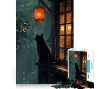 Rompecabezas de 1000 Piezas Gato Negro bajo la Lluvia,Estilo japonés,Corte preciso,Juego de lógica,Juego para Relajarse,decoración navideña para el hogar 38x26cm