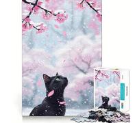 Rompecabezas de 1000 Piezas Gato Negro bajo la Nieve y Flores de Cerezo Diseño de Corte preciso Regalo Ideal para Jugar a la Mente Juego fácil de Jugar Regalo Divertido para cumpleaños 50x75cm
