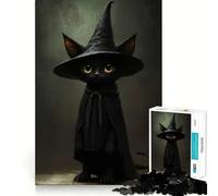 Rompecabezas de 1000 Piezas Gato Negro,Bruja,con Sombrero y Capa Juego de articulaciones afiladas,Entrenamiento Mental,diversión,Juego para Pasar un rato Agradable,decoración navideña para la Pared