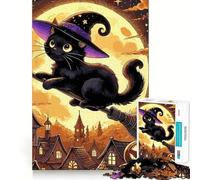 Rompecabezas de 1000 Piezas Gato Negro,Bruja en Escoba,Corte Impecable,Divertido,Juguete para ejercitar la Mente,Juego para el Tiempo Libre,Regalo artístico de Navidad 38x26cm