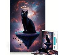 Rompecabezas de 1000 Piezas Gato Negro Celestial en una Isla Flotante Diversión para Todos los sentidos Juego Estimulante y cognitivo Tiempo de Juego Tranquilo Regalo de cumpleaños Arte (38x52cm)