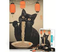 Rompecabezas de 1000 Piezas Gato Negro Comiendo Fideos Ramen Arte con Bordes Lisos Juego para desarrollar la Mente Diversión Tiempo de Juego Acogedor Regalo Ideal para cumpleaños o como pasatiempo