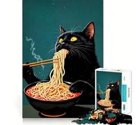 Rompecabezas de 1000 Piezas Gato Negro Comiendo Fideos Ramen Arte de Corte preciso Juego Creativo para ejercitar la Mente Juego fácil Decoración navideña (38x52cm)