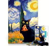 Rompecabezas de 1000 Piezas Gato Negro Comiendo Pizza,Noche Estrellada,Bordes limpios,Decoración,Juguete para Entrenar el Pensamiento,Divertido Juego de cumpleaños,Regalo (38x26cm)