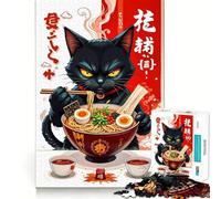Rompecabezas de 1000 Piezas Gato Negro Comiendo Ramen,decoración de Bordes impecables,Juguete para Entrenar el Pensamiento,Juego Divertido y fácil de Usar,Regalo de cumpleaños (50x75cm)