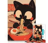 Rompecabezas de 1000 Piezas Gato Negro Comiendo Ramen - Fideos de Tokio Decoración de Bordes limpios Juguete para Entrenar el Pensamiento Divertido Juego de cumpleaños Regalo (38x52cm)