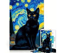 Rompecabezas de 1000 Piezas Gato Negro con Cielo Abstracto,Juego de articulaciones afiladas,Entrenamiento Mental,Juego para Momentos acogedores,decoración navideña para la Pared 38x52cm