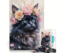 Rompecabezas de 1000 Piezas Gato Negro con Corona de Flores,Acuarela,articulaciones Finas,Divertido,Juego Que estimula la Mente,Tiempo de Juego Tranquilo,Regalo de Ocio navideño 38x26cm