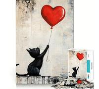 Rompecabezas de 1000 Piezas Gato Negro con Globo en Forma de corazón Diseño de Corte preciso Juego de ingenio,fácil de Jugar,Regalo Ideal para cumpleaños 38x52cm