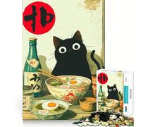 Rompecabezas de 1000 Piezas Gato Negro con Ramen y Sake Decoración Elegante,Regalo para ejercitar la Mente,Juego de Paz,Pieza de Arte navideña 50x75cm