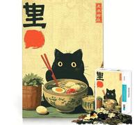 Rompecabezas de 1000 Piezas Gato Negro con tazón de Ramen Piezas de Ajuste preciso Juguete Creativo y Divertido Momentos acogedores y Divertidos Regalo Ideal para cumpleaños 38x52cm