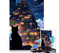Rompecabezas de 1000 Piezas Gato Negro contemplando un Pueblo japonés,artesanía de Bordes Finos,Juguete Creativo,Juego de Ocio,Regalo de cumpleaños 38x26cm