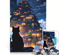 Rompecabezas de 1000 Piezas: Gato Negro contemplando un Pueblo japonés, decoración de Pared, un Reto para completar, Que fomenta el Amor Entre Parejas 50x75cm