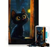Rompecabezas de 1000 Piezas Gato Negro de Dibujos Animados en una Ventana Corte preciso Divertido desafío Mental Juguete Juego para Relajarse Regalo de cumpleaños Arte (38x52cm)