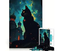 Rompecabezas de 1000 Piezas Gato Negro e Iglesia de Europa del Este Juego Creativo para ejercitar la Mente Regalo de cumpleaños (50x75cm)