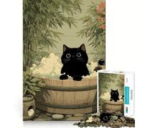 Rompecabezas de 1000 Piezas Gato Negro en bañera Japonesa,diseño Impecable,Ideal para Actividades de Juego Inteligentes,diversión para el Tiempo Libre o como Regalo de cumpleaños 38x26cm