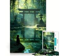 Rompecabezas de 1000 Piezas Gato Negro en el Estanque del Templo del Bosque Juego de articulación precisa Juguete cognitivo Juego de Tiempo Libre Regalo Divertido de Navidad (38x52cm)