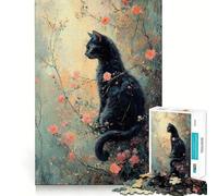 Rompecabezas de 1000 Piezas Gato Negro en Flor Bordes Finos Manualidad Desarrollo Mental Juego Relajante Arte (38x52cm)